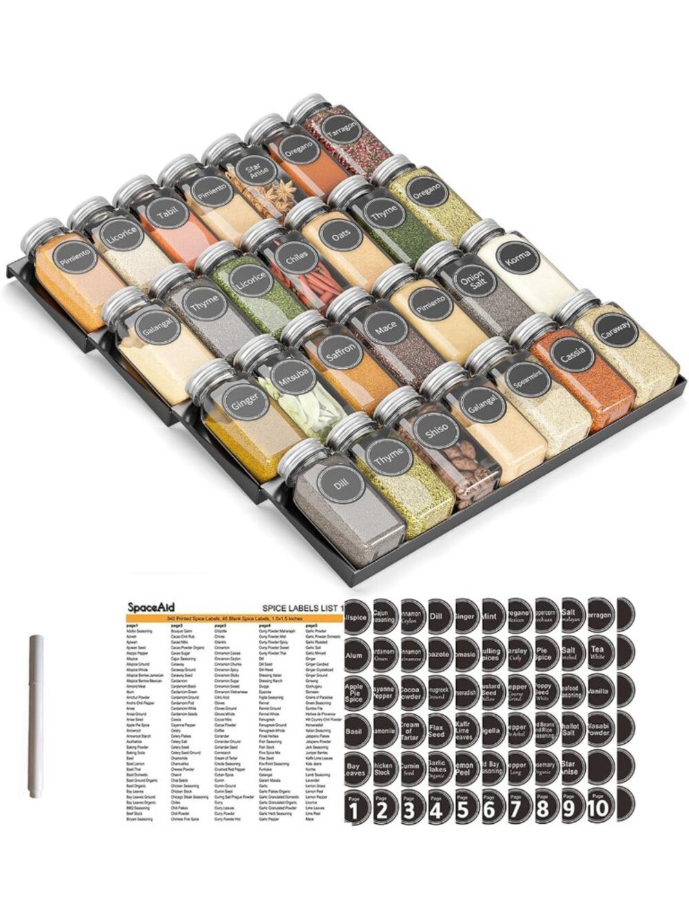 Spice Drawer Organizer with 28 Jars & 386 Labels - 4 Tier Seasoning Rack Insert